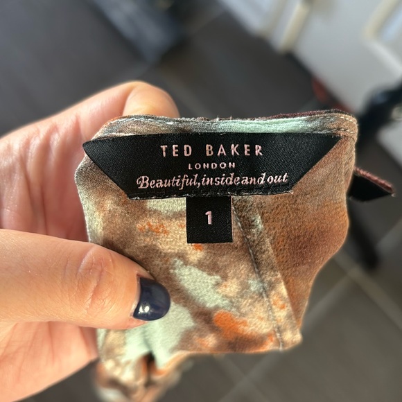 TED BAKER Erana Silk Floral Print Top Semi-sheer 3/4 Sleeve Blue Brown - Picture 6 of 7